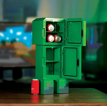 Minecraft Legends Creeper Mini Fridge 8L – Holds 12 Cans, LED Lights, AC/DC Thermoelectric Cooler, Removable Shelves, Compact for Dorm, Office, Gaming